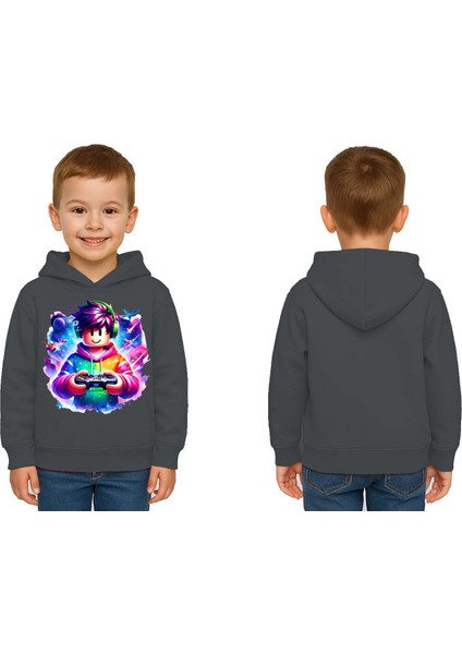 Unisex Roblox Baskılı Çocuk Swaetshirt Baskılı Kapüşonlu 3 Iplik Şardonlu