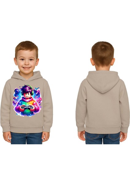 Unisex Roblox Baskılı Çocuk Swaetshirt Baskılı Kapüşonlu 3 Iplik Şardonlu
