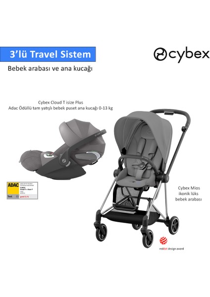 3 Lü Travel Sistem Cybex Mios Chrome Black Mirage Grey + Cybex Cloud T Isize Plus + Mios Adaptör