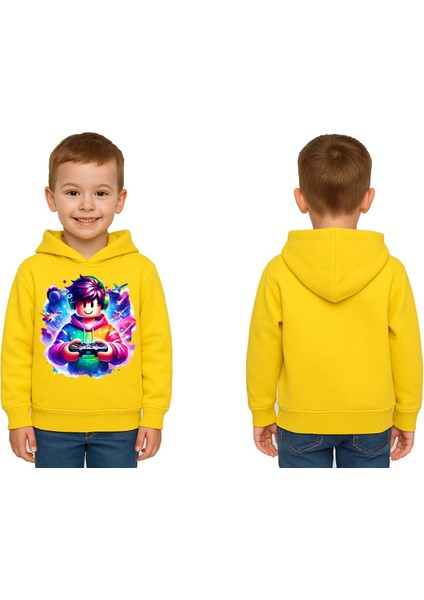 Unisex Roblox Baskılı Çocuk Swaetshirt Baskılı Kapüşonlu 3 Iplik Şardonlu