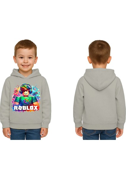 Unisex Roblox Baskılı Çocuk Swaetshirt Baskılı Kapüşonlu 3 Iplik Şardonlu