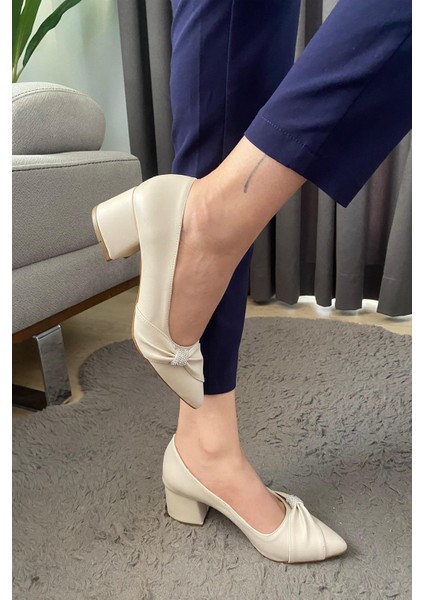 Kadın Mita Krem Fiyonk Taşlı Alcak Ökçe Abiye Ayakkabı