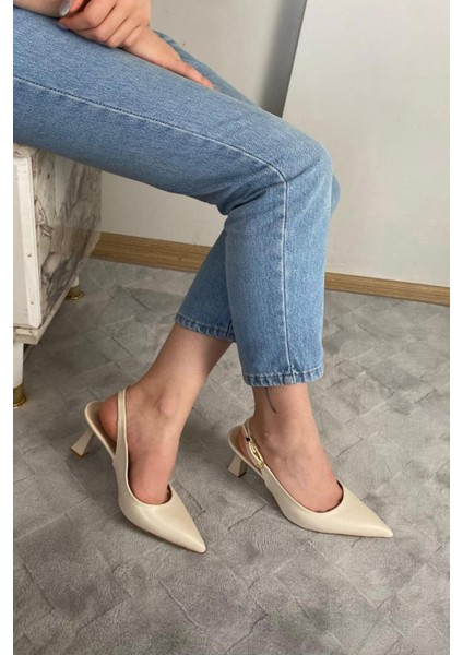 Kadın Motto Kıren Cilt Sivri Burun Arkası Acık 8 cm Topuklu Ayakkabı