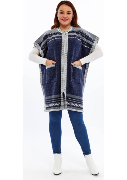 Triko Kadın Büyük Beden Sakallı Panço Yarasa Kollu Kışlık Yünlü Çok Kalın Anne Hırka