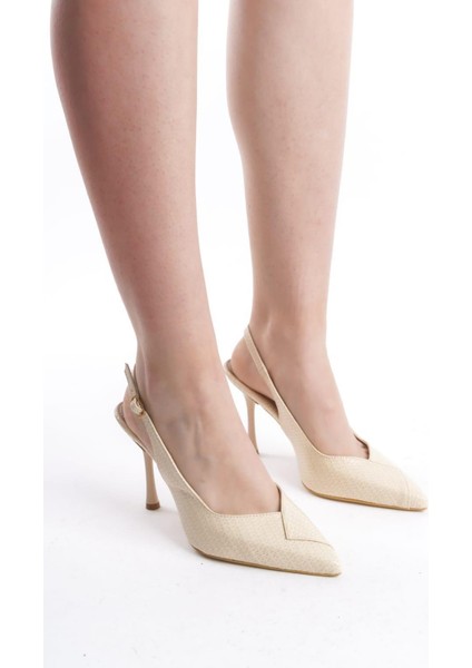 Kadın Soci Krem Rugan 9 cm Ince Topuklu Sivri Burunlu Arkası Acık Tasarım Stiletto fiyatları