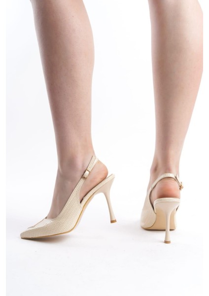 Kadın Soci Krem Rugan 9 cm Ince Topuklu Sivri Burunlu Arkası Acık Tasarım Stiletto modelleri