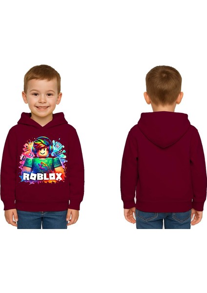 Unisex Roblox Baskılı Çocuk Swaetshirt Baskılı Kapüşonlu 3 Iplik Şardonlu