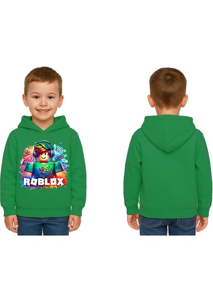 Unisex Roblox Baskılı Çocuk Swaetshirt Baskılı Kapüşonlu 3 Iplik Şardonlu