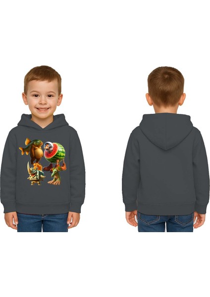 Unisex Brainrot Baskılı Çocuk Swaetshirt Kapüşonlu 3 Iplik Şardonlu