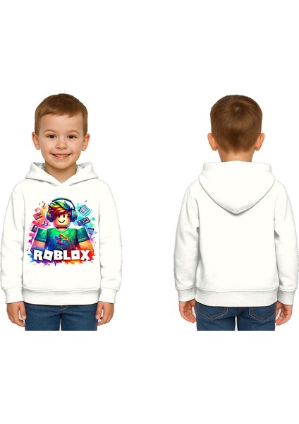 Unisex Roblox Baskılı Çocuk Swaetshirt Baskılı Kapüşonlu 3 Iplik Şardonlu
