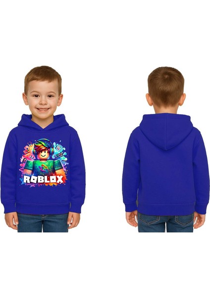 Unisex Roblox Baskılı Çocuk Swaetshirt Baskılı Kapüşonlu 3 Iplik Şardonlu