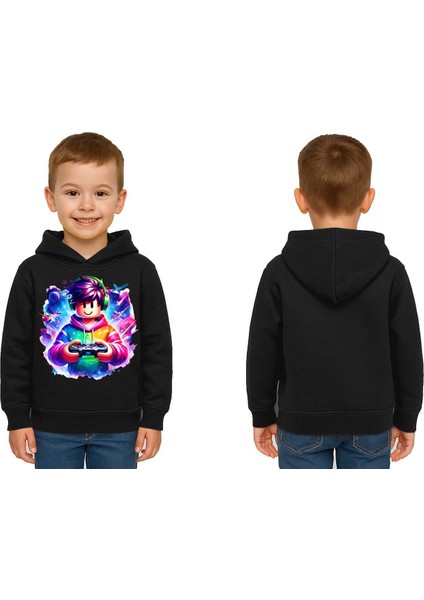 Unisex Roblox Baskılı Çocuk Swaetshirt Baskılı Kapüşonlu 3 Iplik Şardonlu