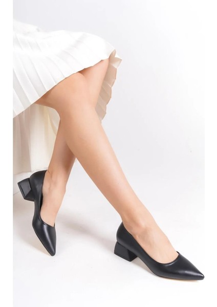 Kadın Mora Siyah Deri 3,5 cm Kalın Topuklu Ayakkabı fiyatları