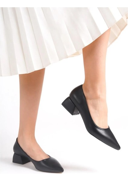 Kadın Mora Siyah Deri 3,5 cm Kalın Topuklu Ayakkabı modelleri