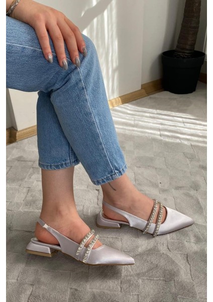 Kadın Linda Gümüş Saten Iki Sıra Taşlı Arkası Acık 2 cm Topuklu Sivri Burun Babet fiyatları