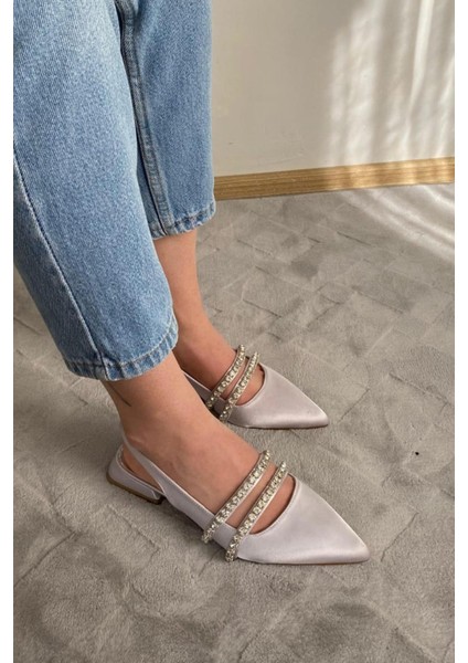 Kadın Linda Gümüş Saten Iki Sıra Taşlı Arkası Acık 2 cm Topuklu Sivri Burun Babet fırsatları