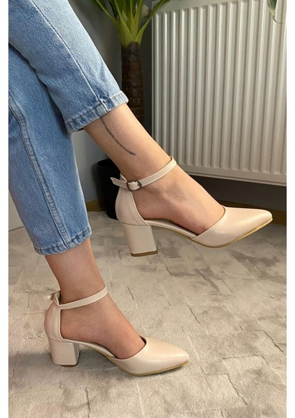 Kadın Gaya Krem Cilt 6 cm Topuklu Bilekten Bağlamalı Yanları Acık Ayakkabı fırsatları