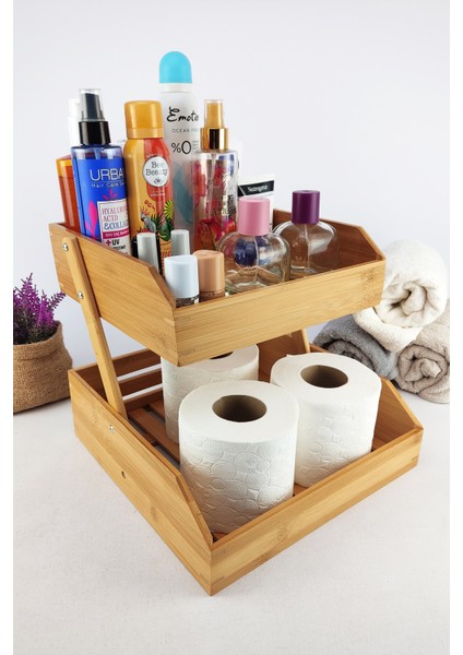 Iki Katlı Bambu Banyo ve Makyaj Organizer Düzenleyici Kahverengi