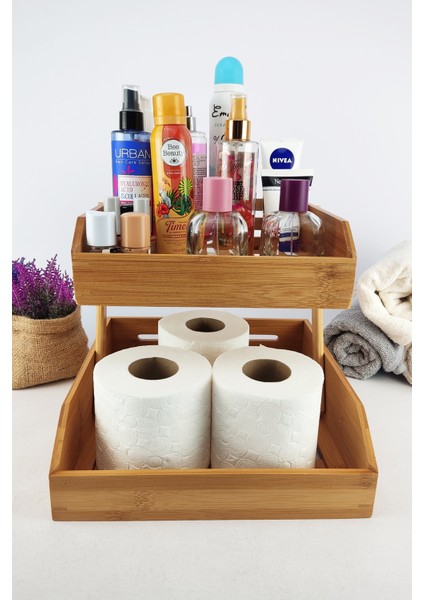 Iki Katlı Bambu Banyo ve Makyaj Organizer Düzenleyici Kahverengi modelleri