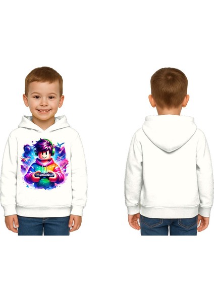Unisex Roblox Baskılı Çocuk Swaetshirt Baskılı Kapüşonlu 3 Iplik Şardonlu