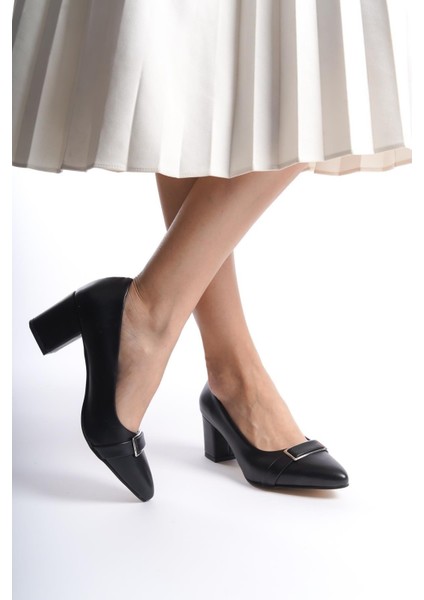 Kadın Verta Siyah Deri 6 cm Kalın Topuklu Toka Deyatlı Hafif Sivri Burunlu Klasık Ayakkabı fırsatları