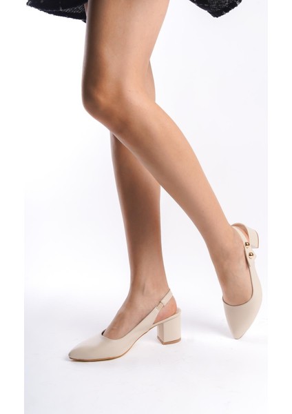 Kadın Rudy Krem Cilt Arkası Acık 6 cm Kalın Topuklu Ayakkabı modelleri