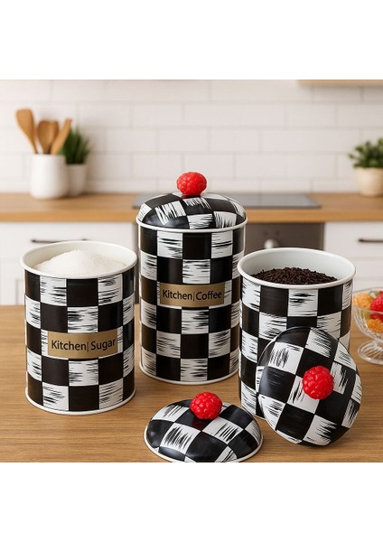 Dama Desenli 3'lü Set Plastik Saklama Kavanozu Kahve Çay Şeker