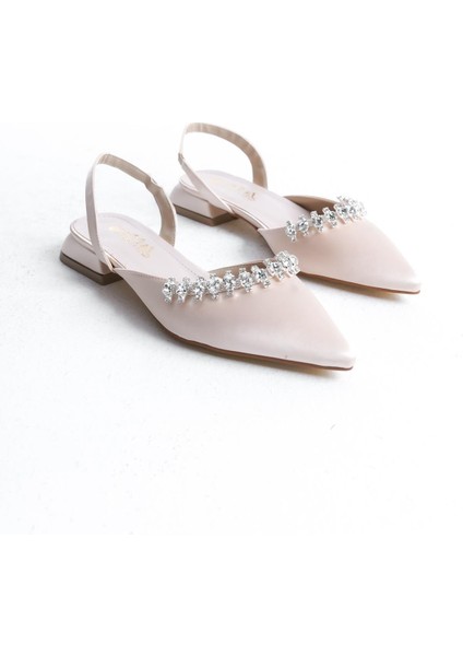 Kadın Best Krem Ten Saten Taşlı Arkası Açık Lastikli 2,5 cm Kısa Blok Topuklu modelleri