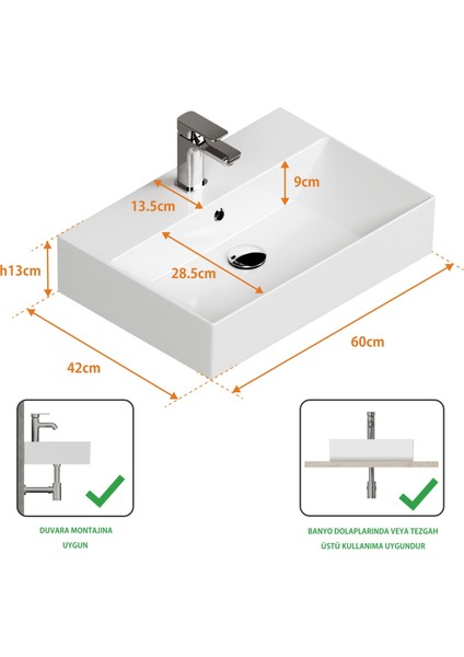 Sistema Z Tezgah Üstü Kare Lavabo 60 x 42 cm Beyaz Seramik indirimleri