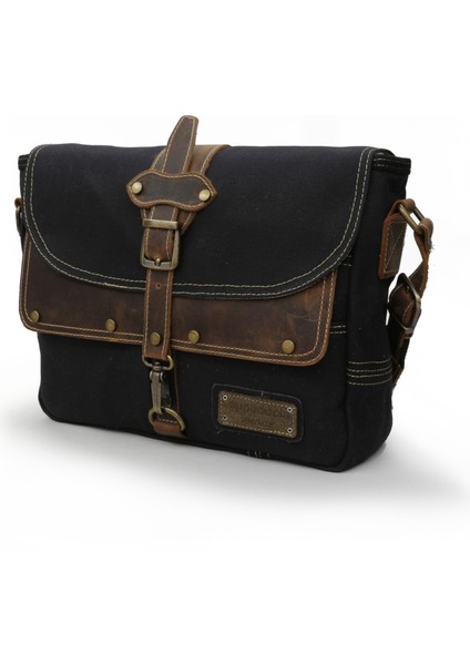 4047 Antiochia Hakiki Deri Siyah Kahve Omuz Postacı Okul Suya Dayanıklı Mumlu Kanvas Laptop Çantası