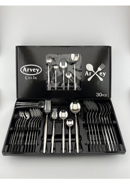 Round Yeni Nesil 30 Parça 6 Kişilik Çatal Kaşık Takımı Paslanmaz Çelik (Kutulu)