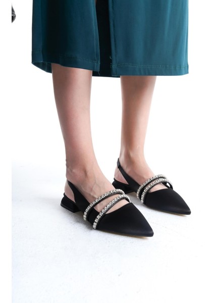 Kadın Linda Siyah Saten Iki Sıra Taşlı Arkası Acık 2 cm Topuklu Sivri Burun Babet fiyatları