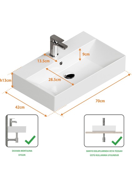 Sistema Z Tezgah Üstü Kare Lavabo 70 x 42 cm Beyaz Seramik indirimleri