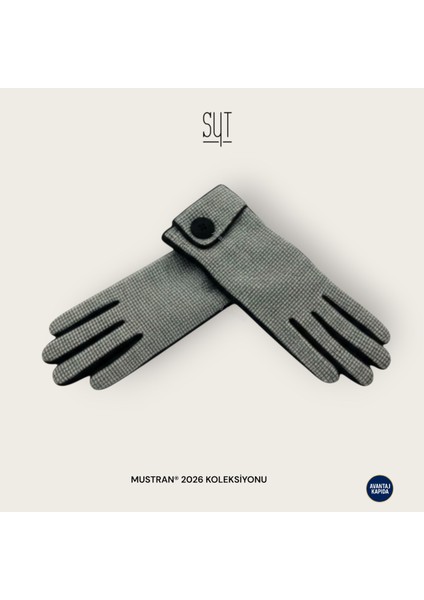 Syt Kadın Kışlık Dokunmatik Eldiven - Desenli Suni Deri/Kumaş Şık Tokalı & Düğmeli Modeller