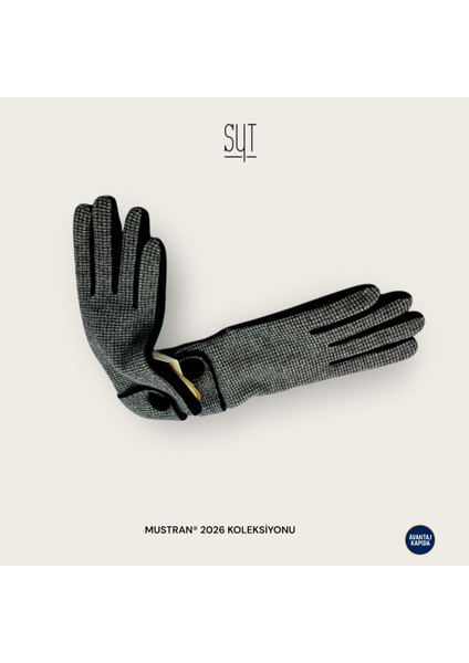 Syt Kadın Kışlık Dokunmatik Eldiven - Desenli Suni Deri/Kumaş Şık Tokalı & Düğmeli Modeller