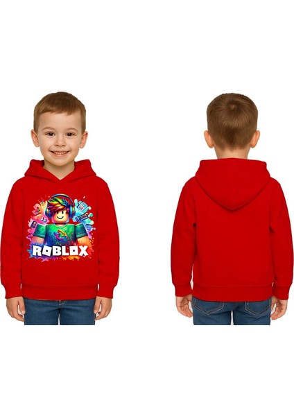 Unisex Roblox Baskılı Çocuk Swaetshirt Baskılı Kapüşonlu 3 Iplik Şardonlu