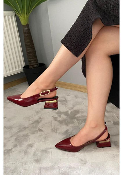 Kadın Karmi Bordo Rugan Arkası Acık Sivri Burun 4 cm Kalın Topuklu Ayakkabı