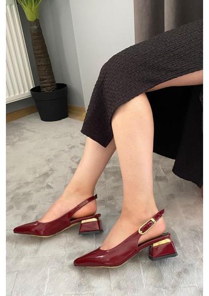 Kadın Karmi Bordo Rugan Arkası Acık Sivri Burun 4 cm Kalın Topuklu Ayakkabı fiyatları
