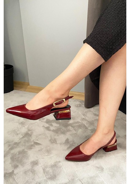 Kadın Karmi Bordo Rugan Arkası Acık Sivri Burun 4 cm Kalın Topuklu Ayakkabı indirimleri