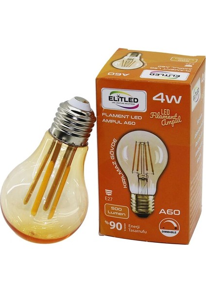 Elitled A-60 4W - E27 Gold Color Flament LED Rustik Ampul 500LUMEN Kırılmaz Gövde (5047)