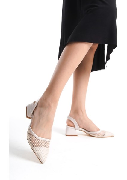 Kadın Teri Kre Fileli 4 cm Kalın Topuklu Ayakkabı