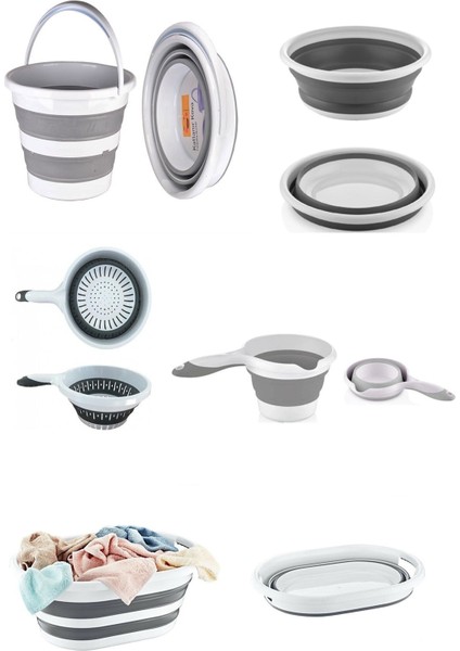 5'li Katlanır Banyo Mutfak Seti, Sepet, Kova, Maşrapa, Süzgeç, Badya (Leğen)