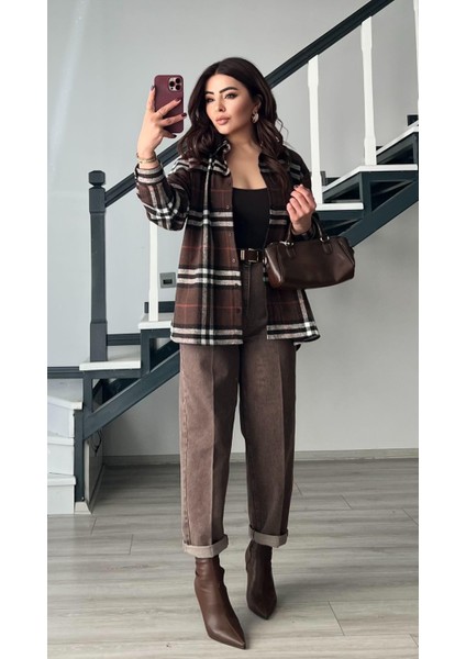 Kahve-Bej Yünlü Ekoseli Oduncu Gömlek modelleri