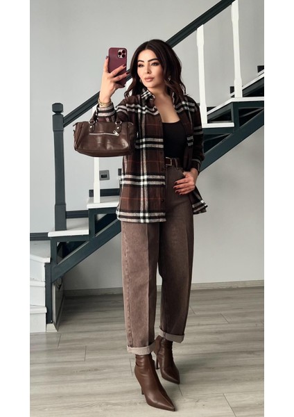 Kahve-Bej Yünlü Ekoseli Oduncu Gömlek