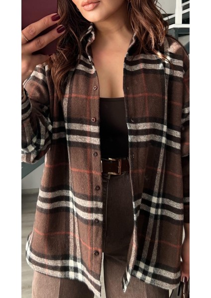 Kahve-Bej Yünlü Ekoseli Oduncu Gömlek