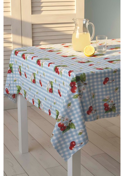 Pötikare Kiraz Desenli Mavi Masa Örtüsü, Sofra Bezi, Piknik Örtüsü modelleri