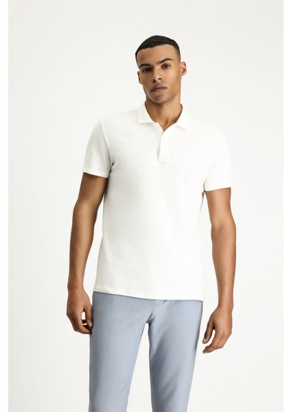 Polo Yaka Slim Fit Dar Kesim Keten Karışımlı Tişört