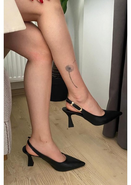 Kadın Motto Siyah Cilt Sivri Burun Arkası Acık 8 cm Topuklu Ayakkabı indirimleri