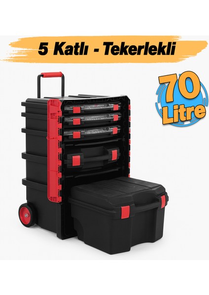 Tekerlekli 5 Katlı Taşınabilir 70 Litre Organizer Bölmeli Kulplu Kilitli Takım Çantası Alet Çanta