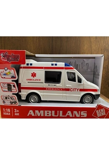 Oyuncak Ambulans Sesli Işıklı Büyük Ön Kapı ve Yan Kapısı Açılır Oyuncak Ambulans Araba 1:16